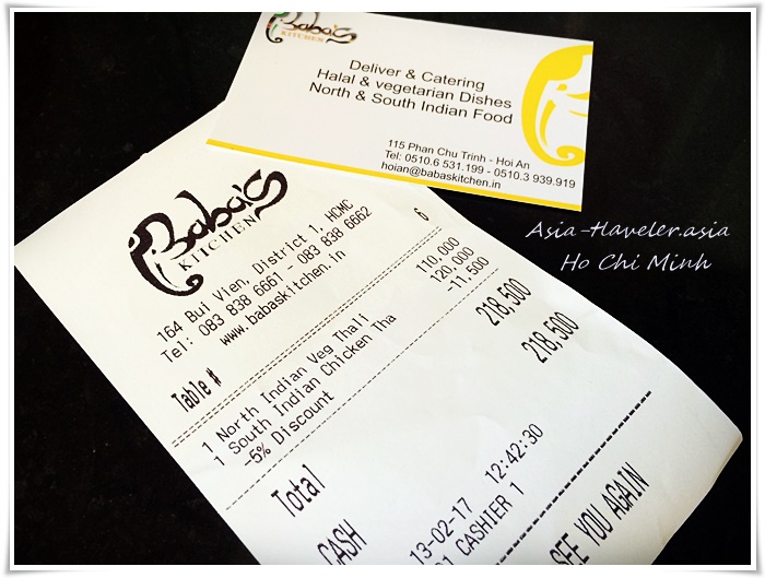 Baba's Kitchenのレシートと名刺、ホーチミンのインド料理店
