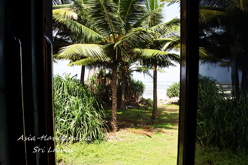 スリランカ西海岸線の車窓から見えるヤシの木と海岸の風景