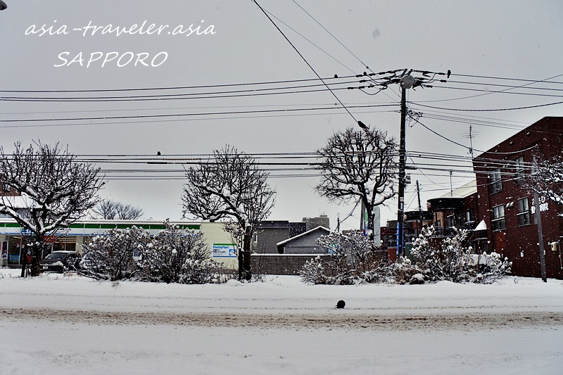 雪降る札幌・豊平の住宅街とファミリーマート
