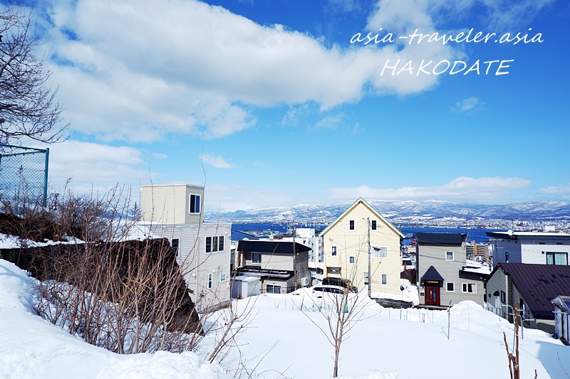 函館の坂の上から望む雪景色と津軽海峡