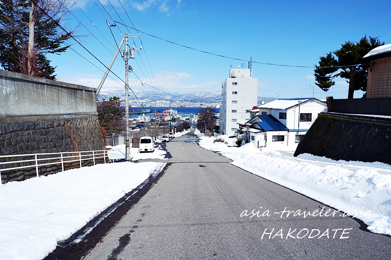 函館の幸坂から函館港を望む冬景色
