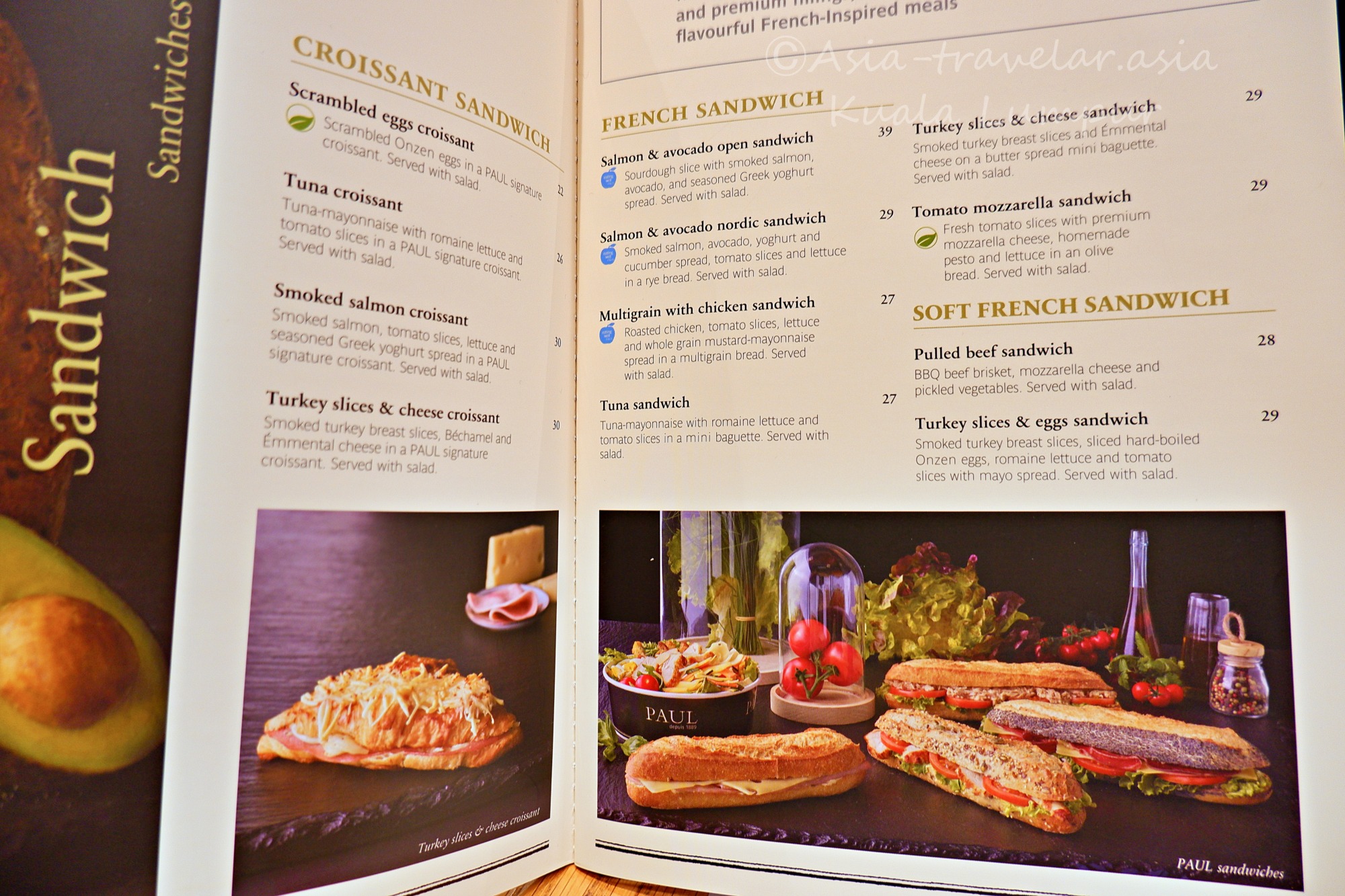 PAULクアラルンプール店のサンドイッチメニュー表
