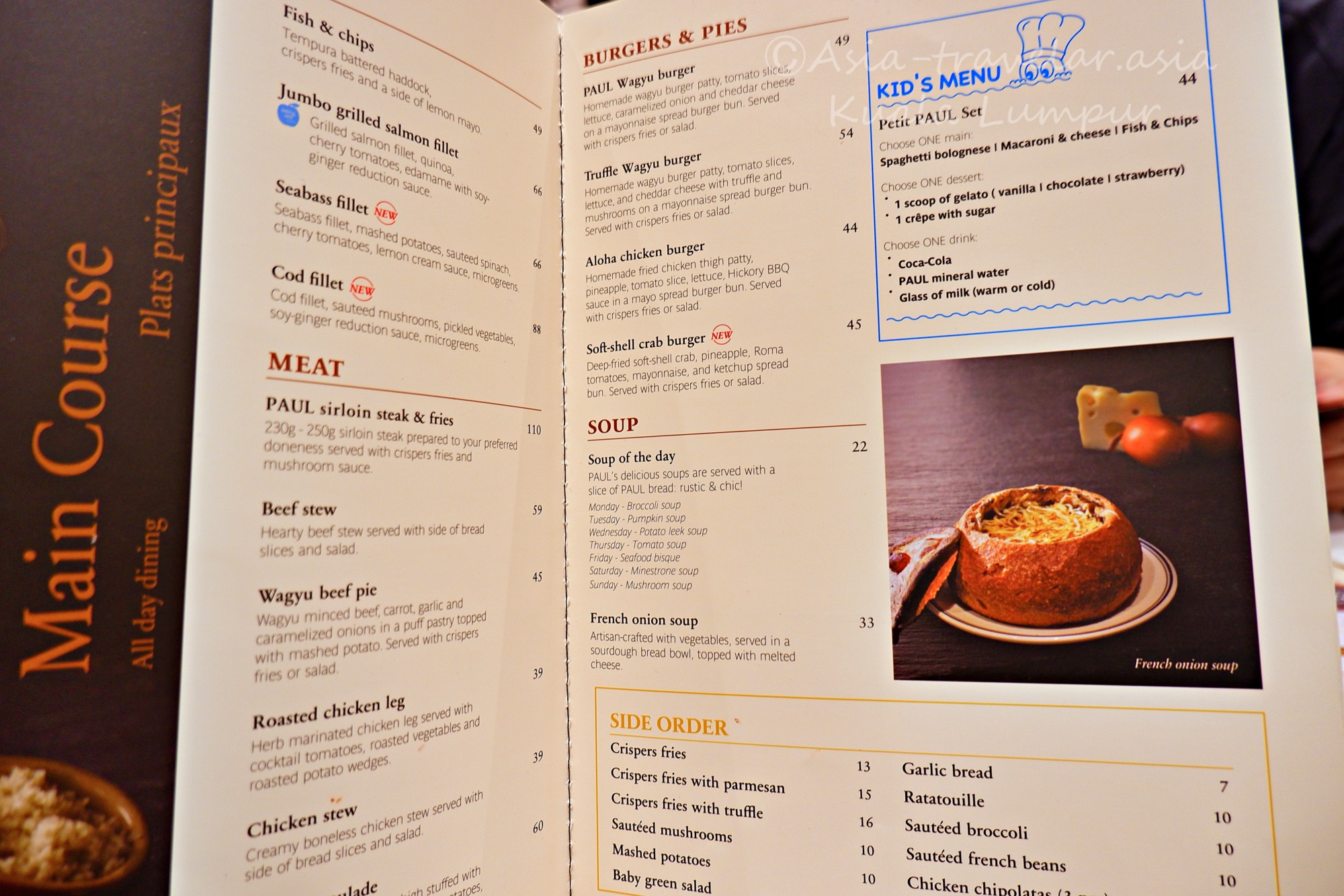 PAULクアラルンプール店のメインコース・バーガー・スープメニュー表