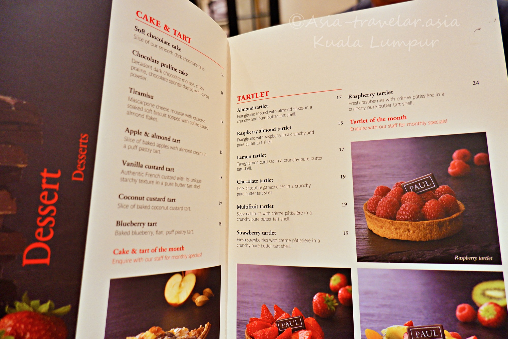 クアラルンプールPAULのケーキ＆タルトメニュー表