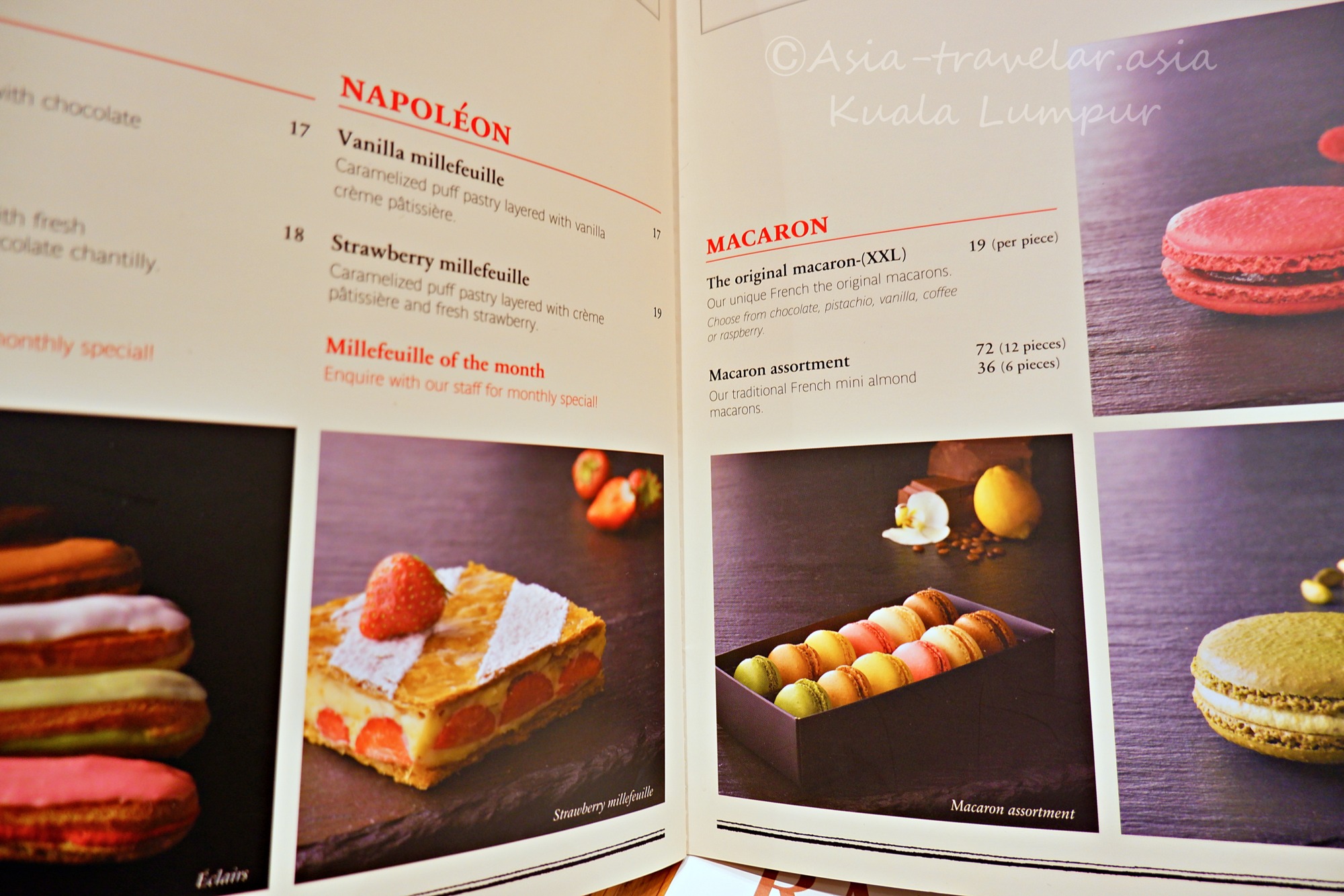 クアラルンプールPAULのミルフィーユとマカロンのメニュー表