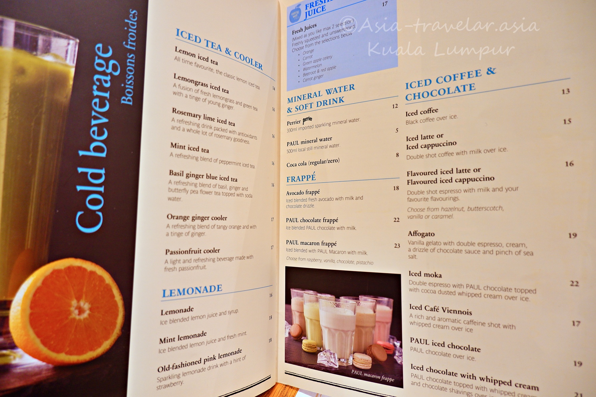 クアラルンプールPAULのコールドビバレッジメニュー表