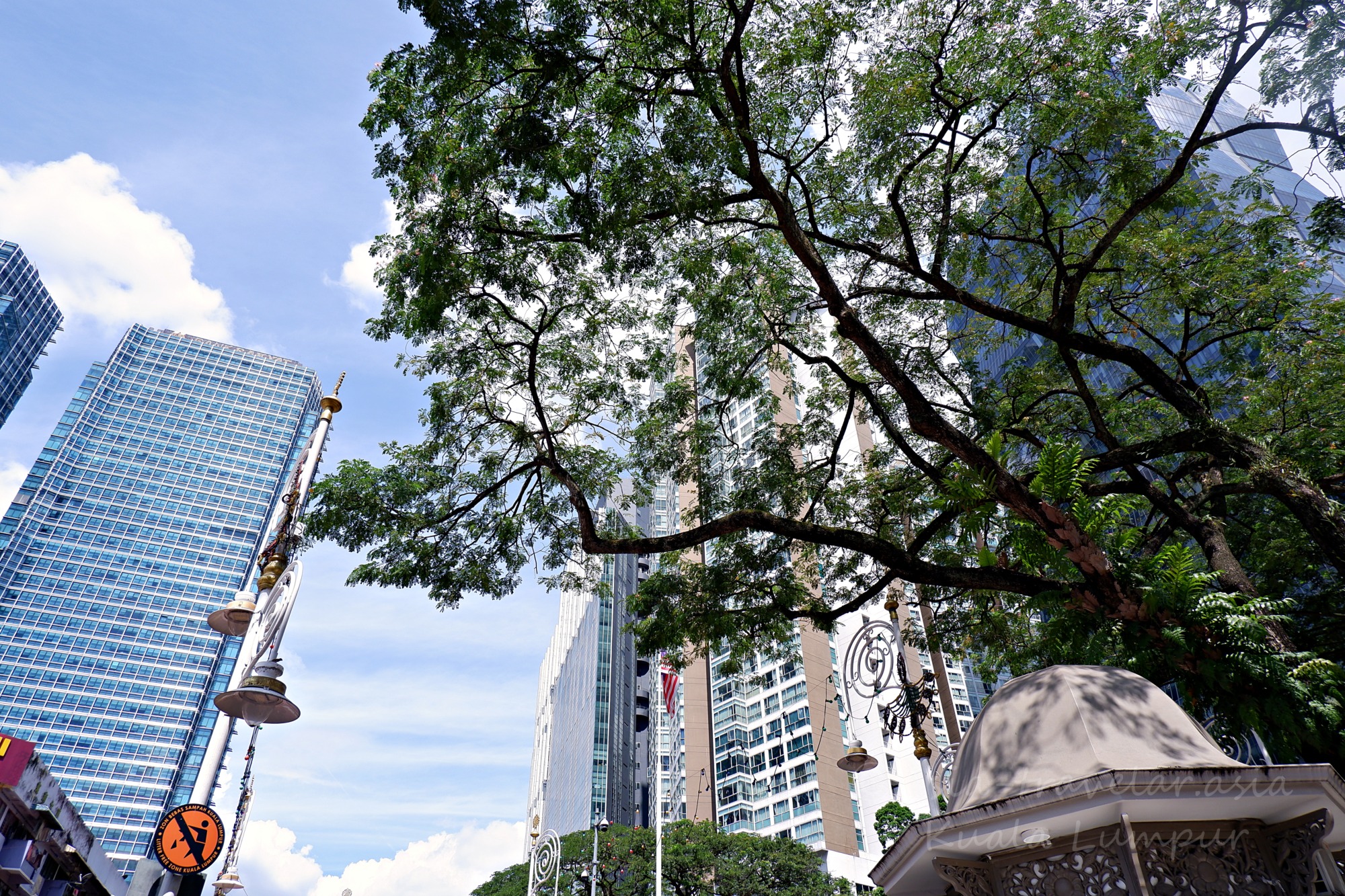 クアラルンプール・ブリックフィールズの街路樹と高層ビル群