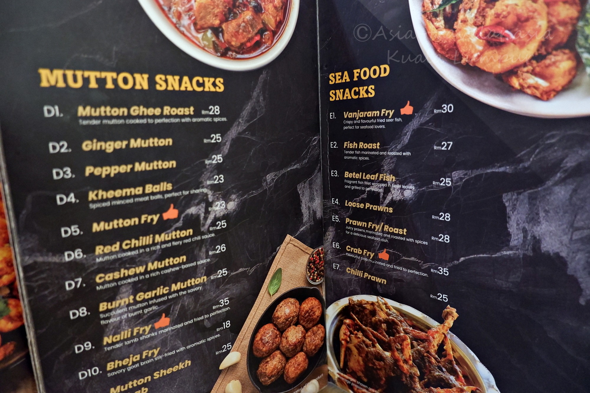 HERITAGE HOUSEのマトン・シーフードスナックメニュー表