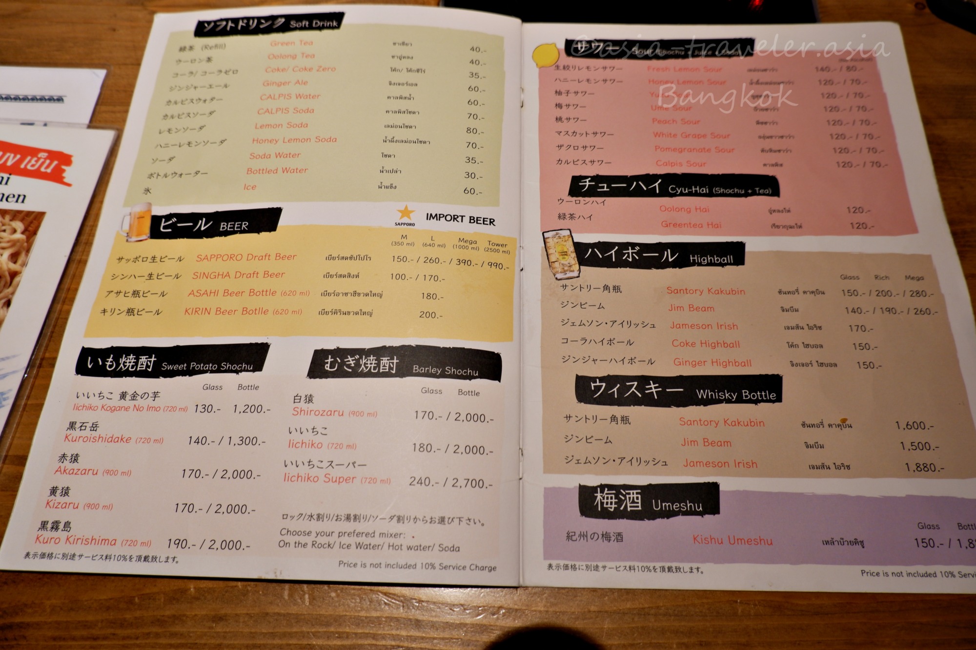 バンコク博多うま馬のドリンクメニュー（ビール・焼酎・ウイスキー）