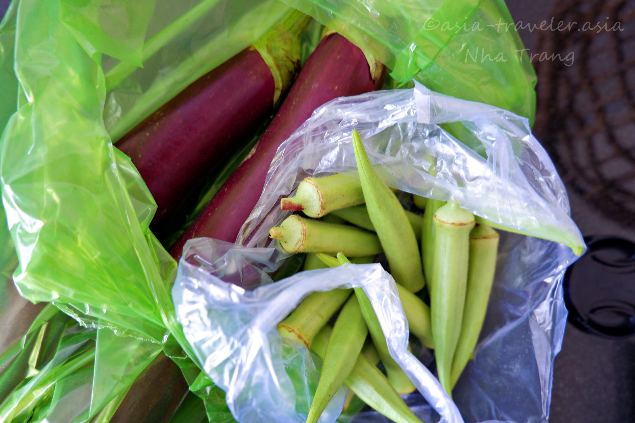 ニャチャン・ソムモイ市場で購入した茄子とオクラ