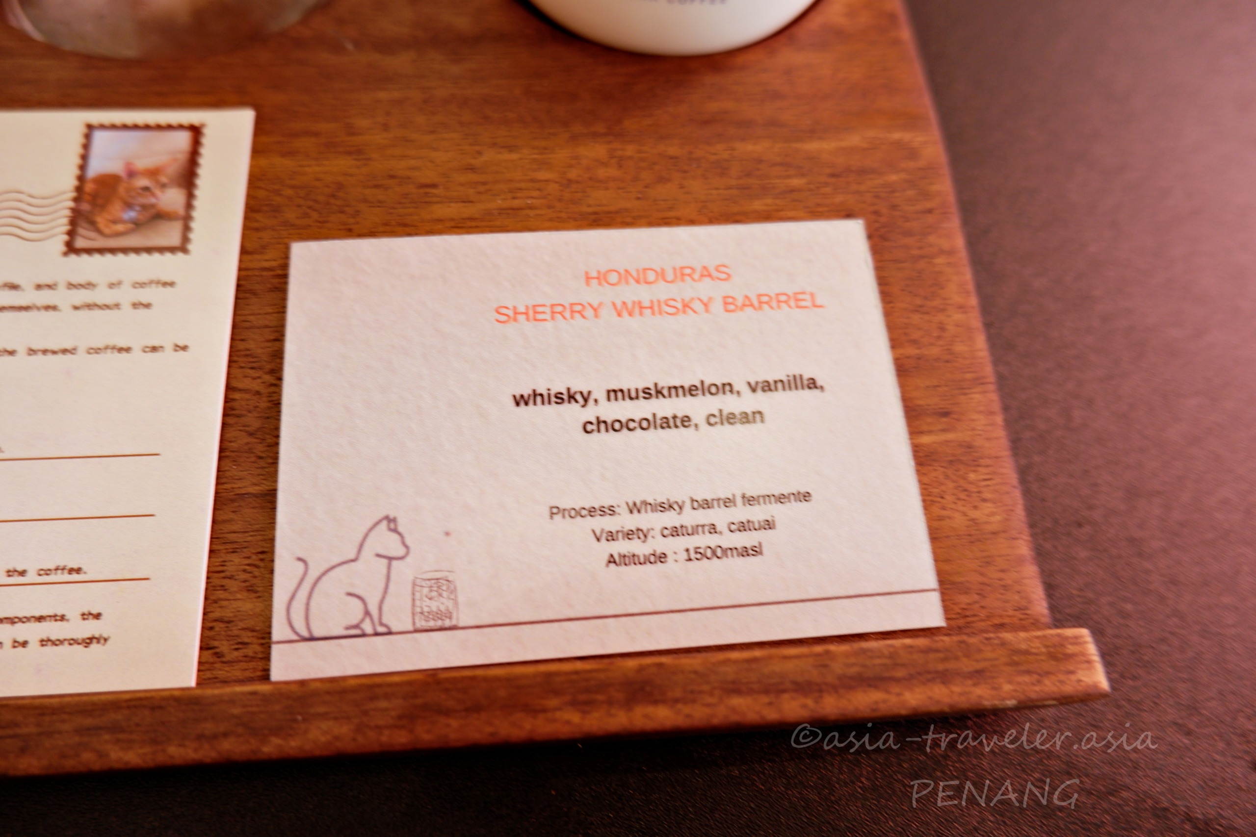 ペナンのA SOAR COFFEEホンジュラス産シェリーウイスキー樽熟成コーヒー豆カード