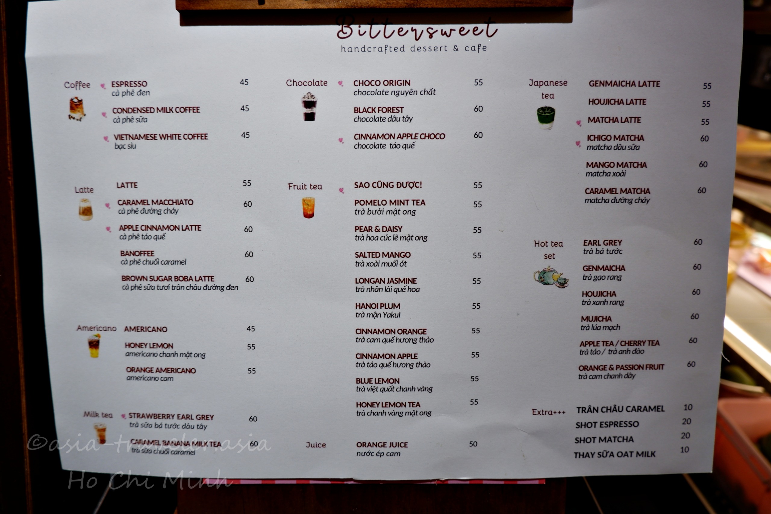 Bittersweet Cafe ホーチミンのドリンクメニュー表