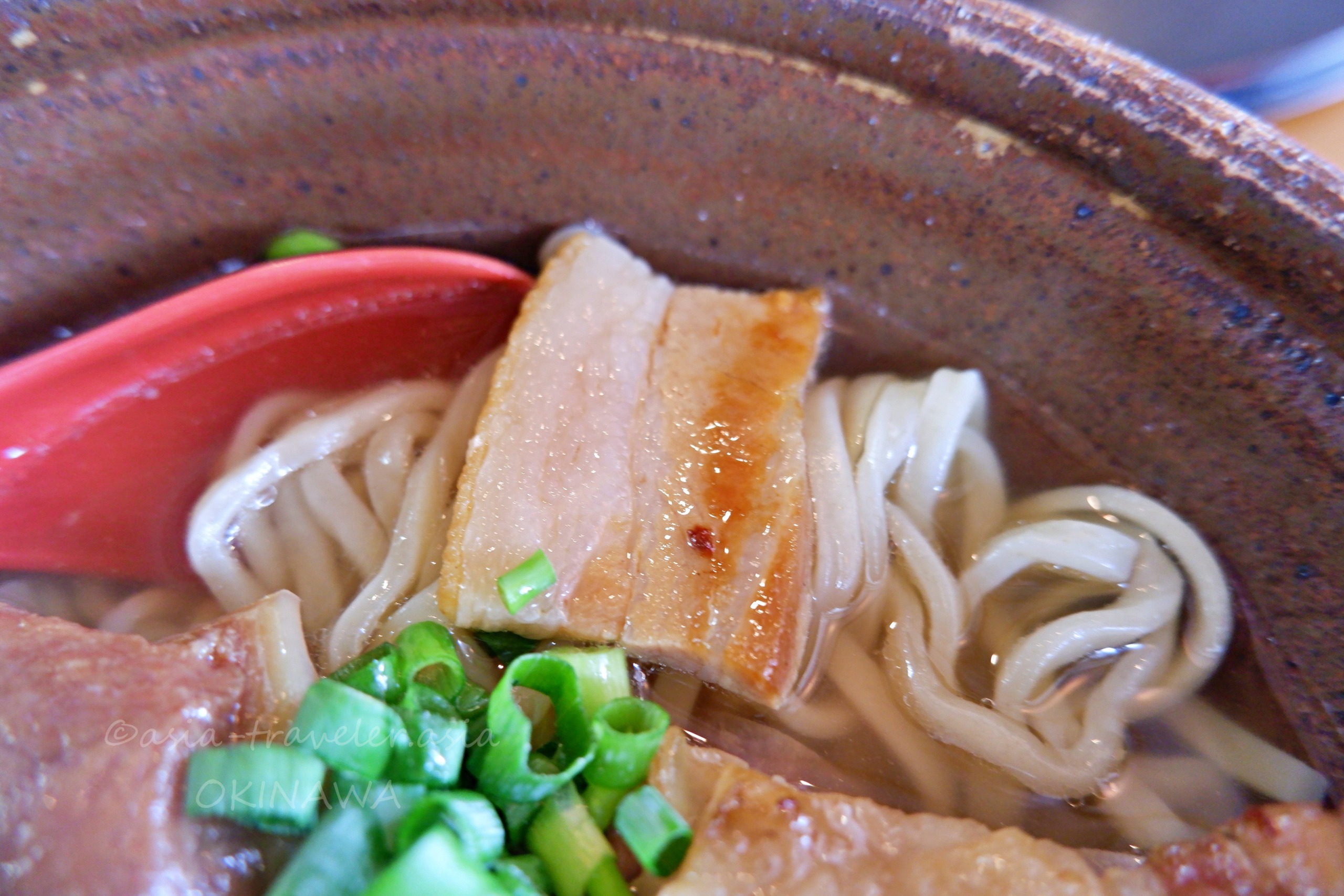 月桃の木灰そばに三枚肉とネギをのせたアップ