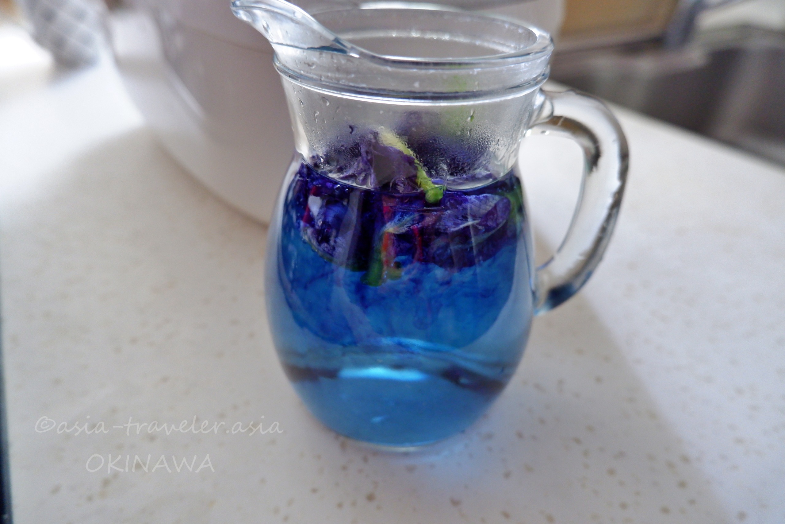 ガラスピッチャーに広がるバタフライピーの鮮やかな青い抽出液