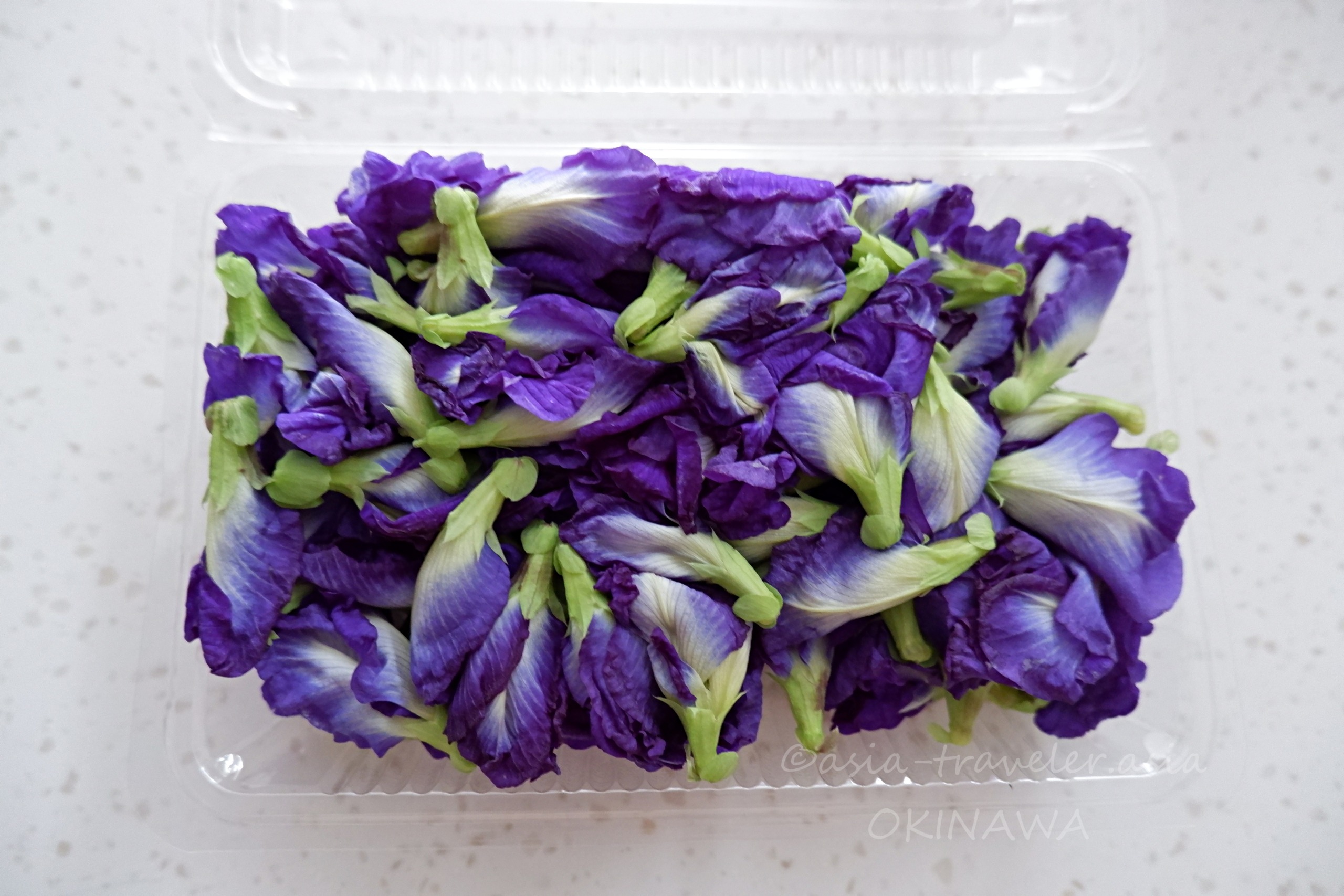 奥間青果で購入した沖縄産バタフライピーの生花60円分