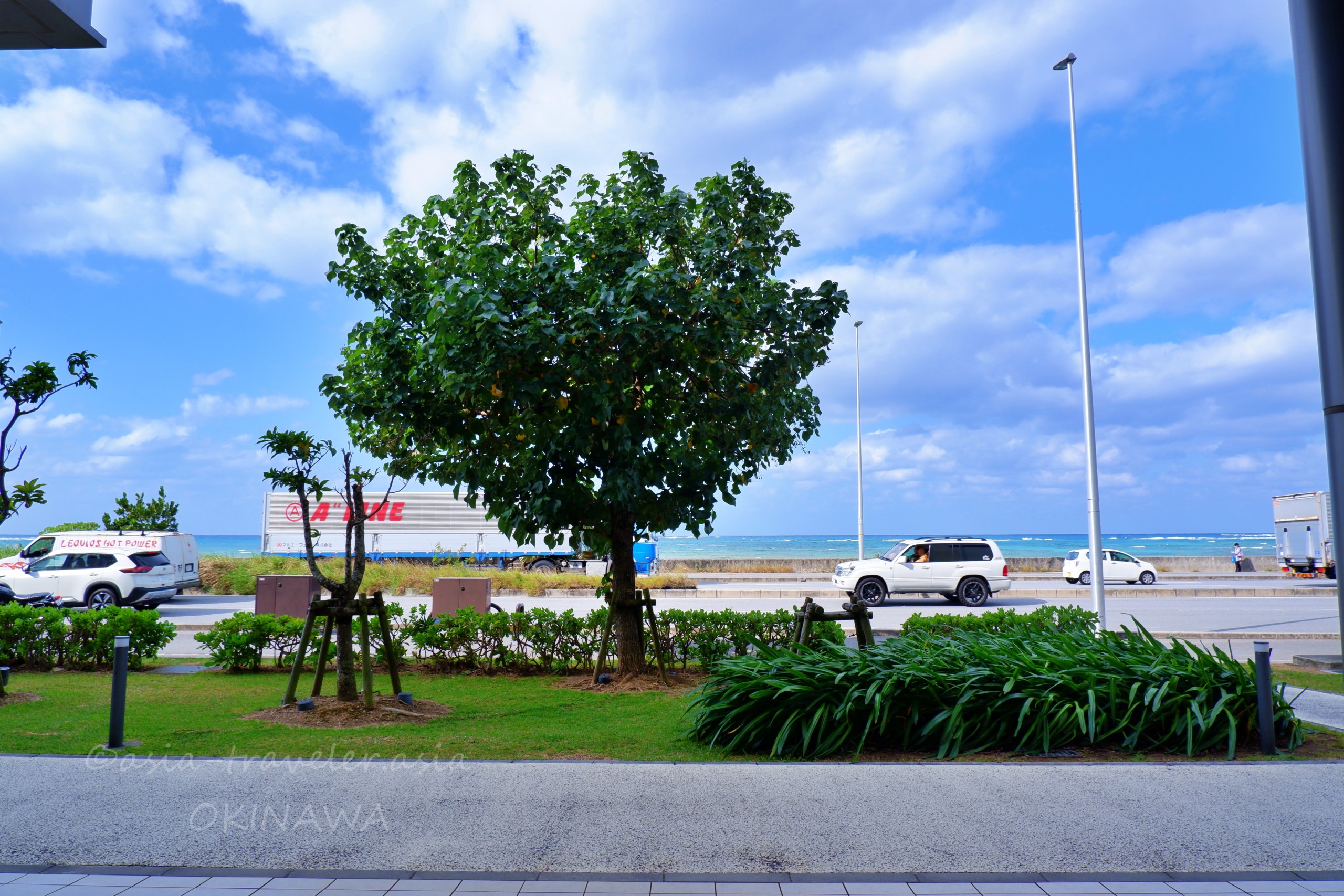 浦添パルコシティ前の緑と沖縄の青い海