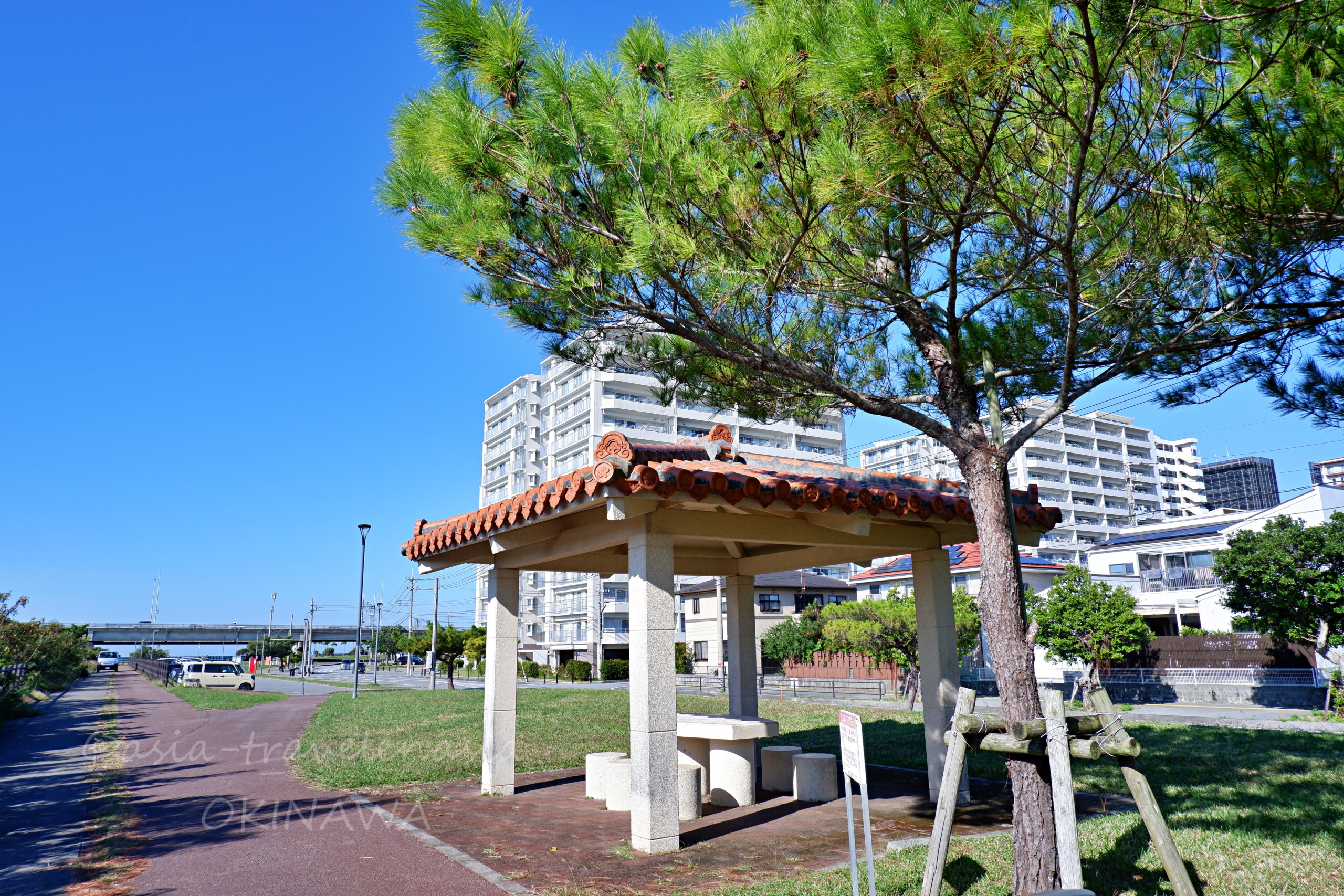 豊崎の遊歩道沿いに建つ赤瓦の東屋と松の木