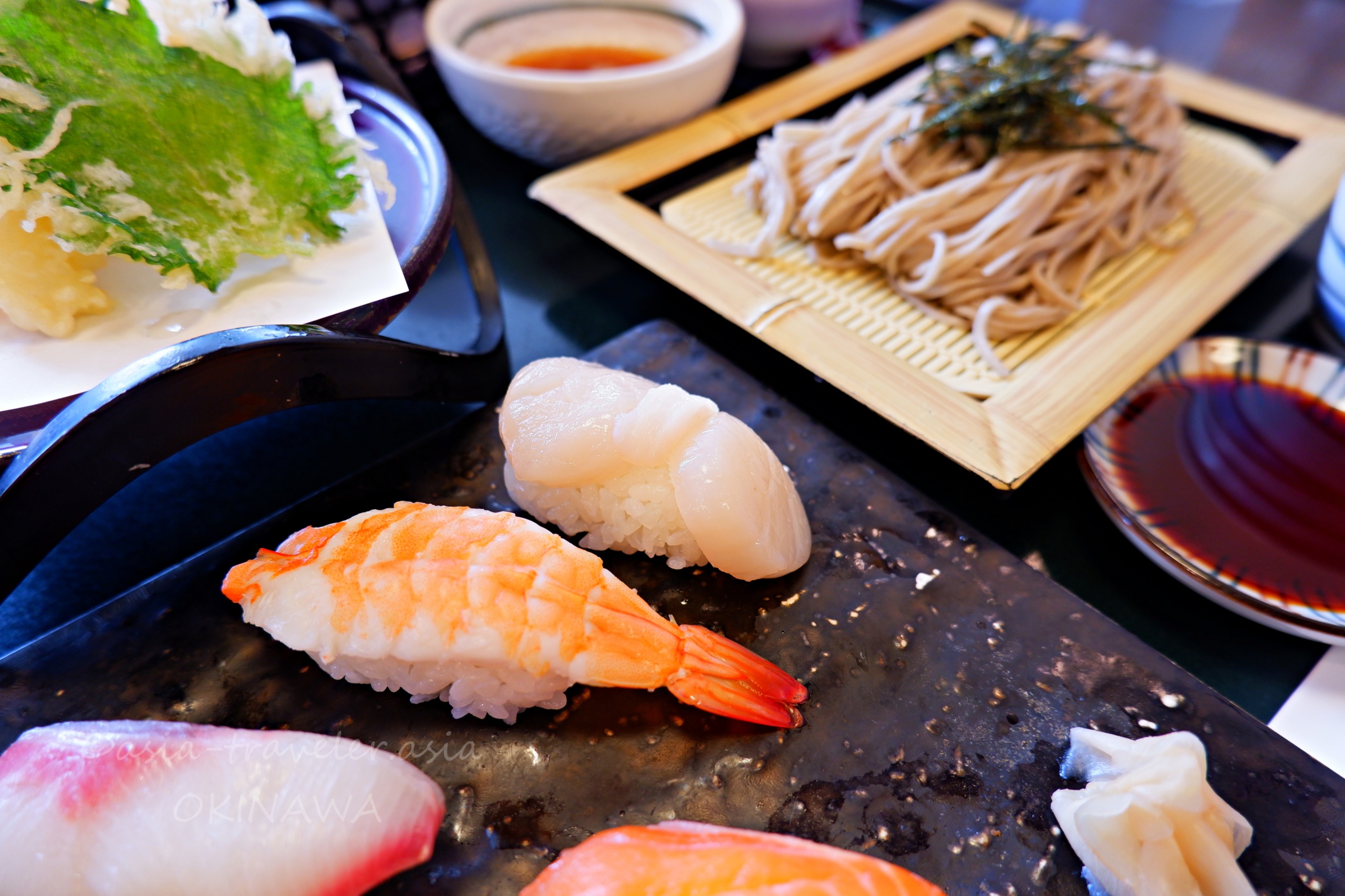 那覇・和風亭の大原御膳エビとホタテの握り寿司とざる蕎麦