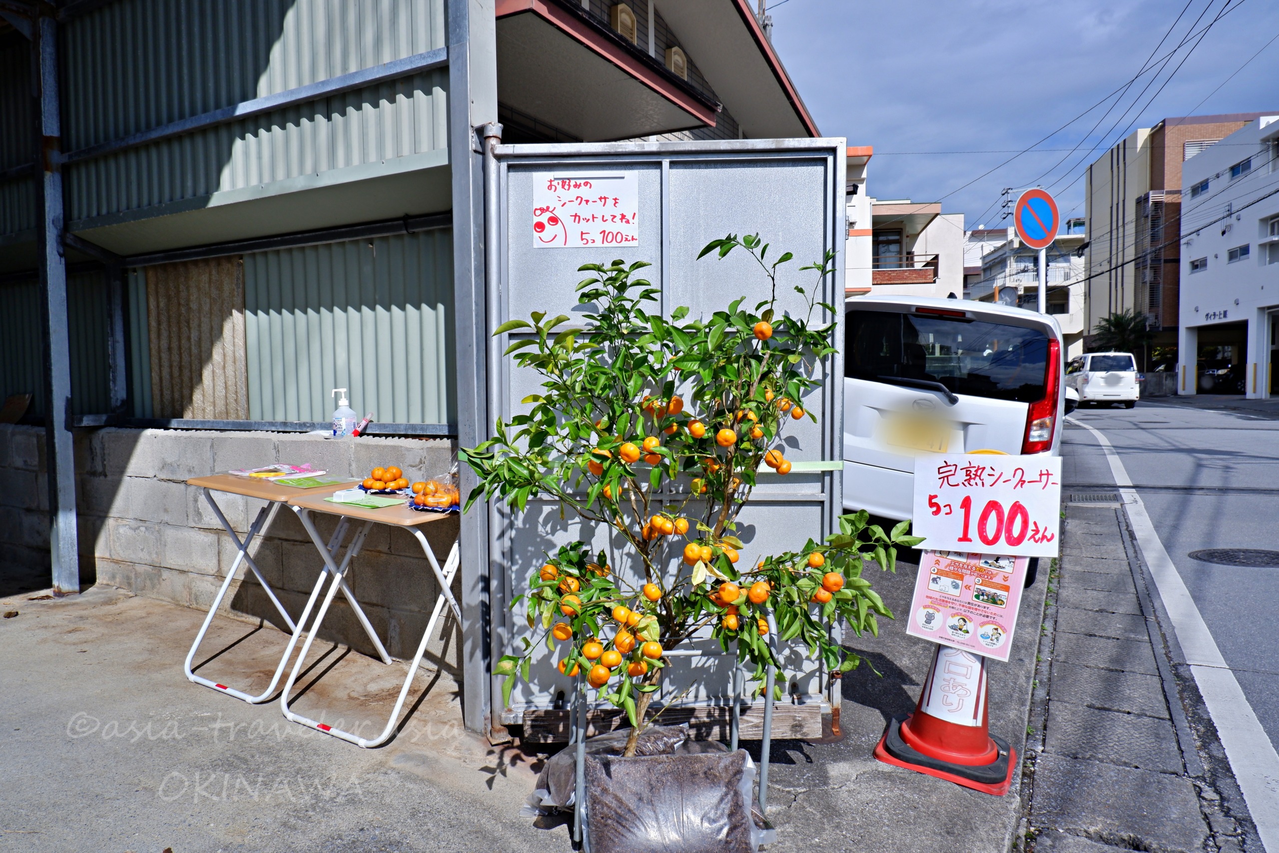 沖縄・那覇の路上で売られる完熟シークヮーサー5個100円の露店