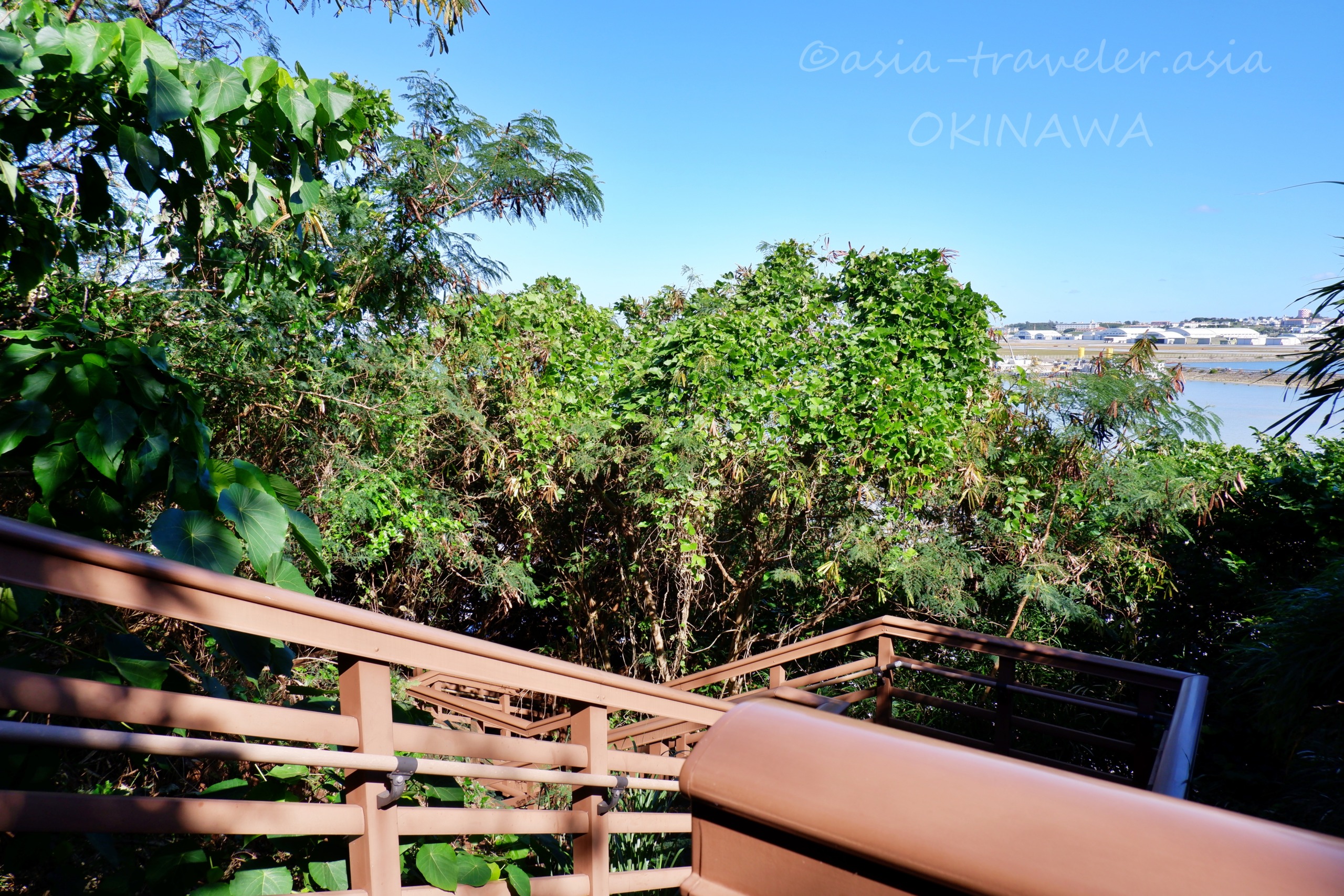 瀬長島の遊歩道から望む緑豊かな南国の樹木と海