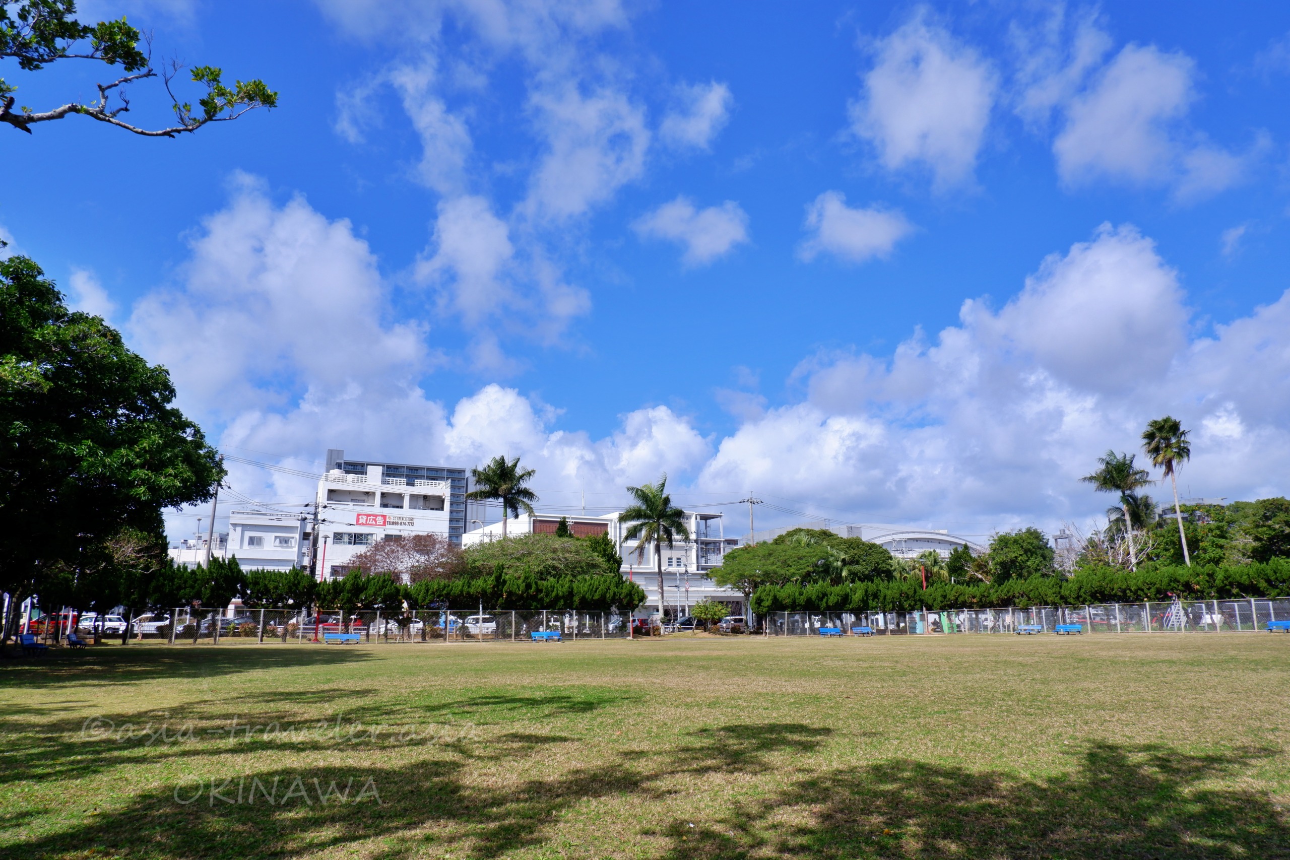 那覇・与儀公園の広い芝生広場と青空