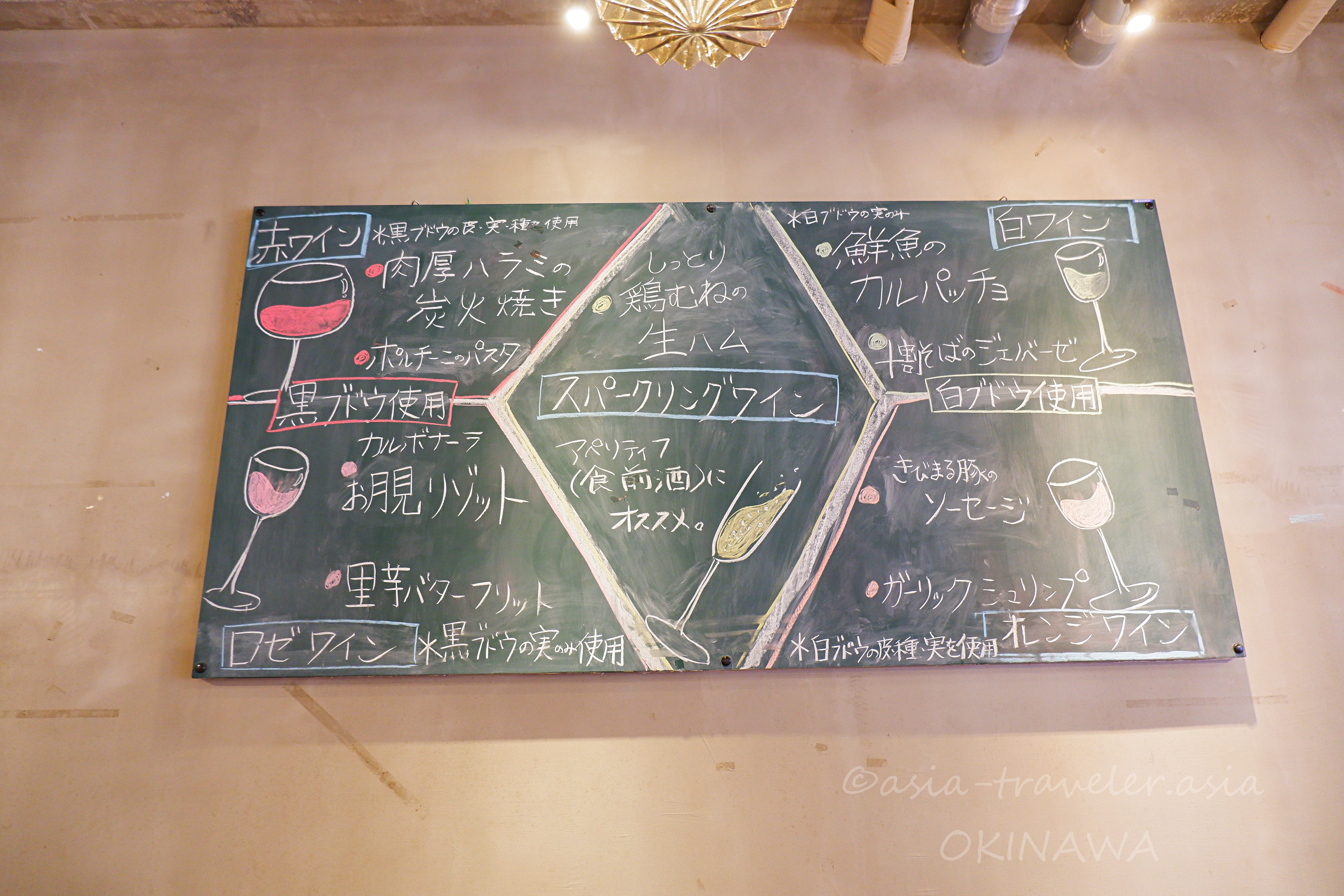 沖縄那覇のビストロに掲げられたワインと料理のペアリング黒板メニュー