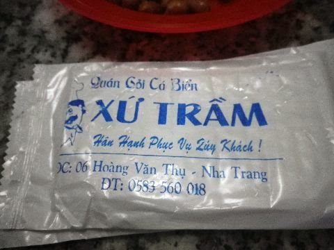 ニャチャンのゴイカー専門店「XU TRAM」のおしぼり袋