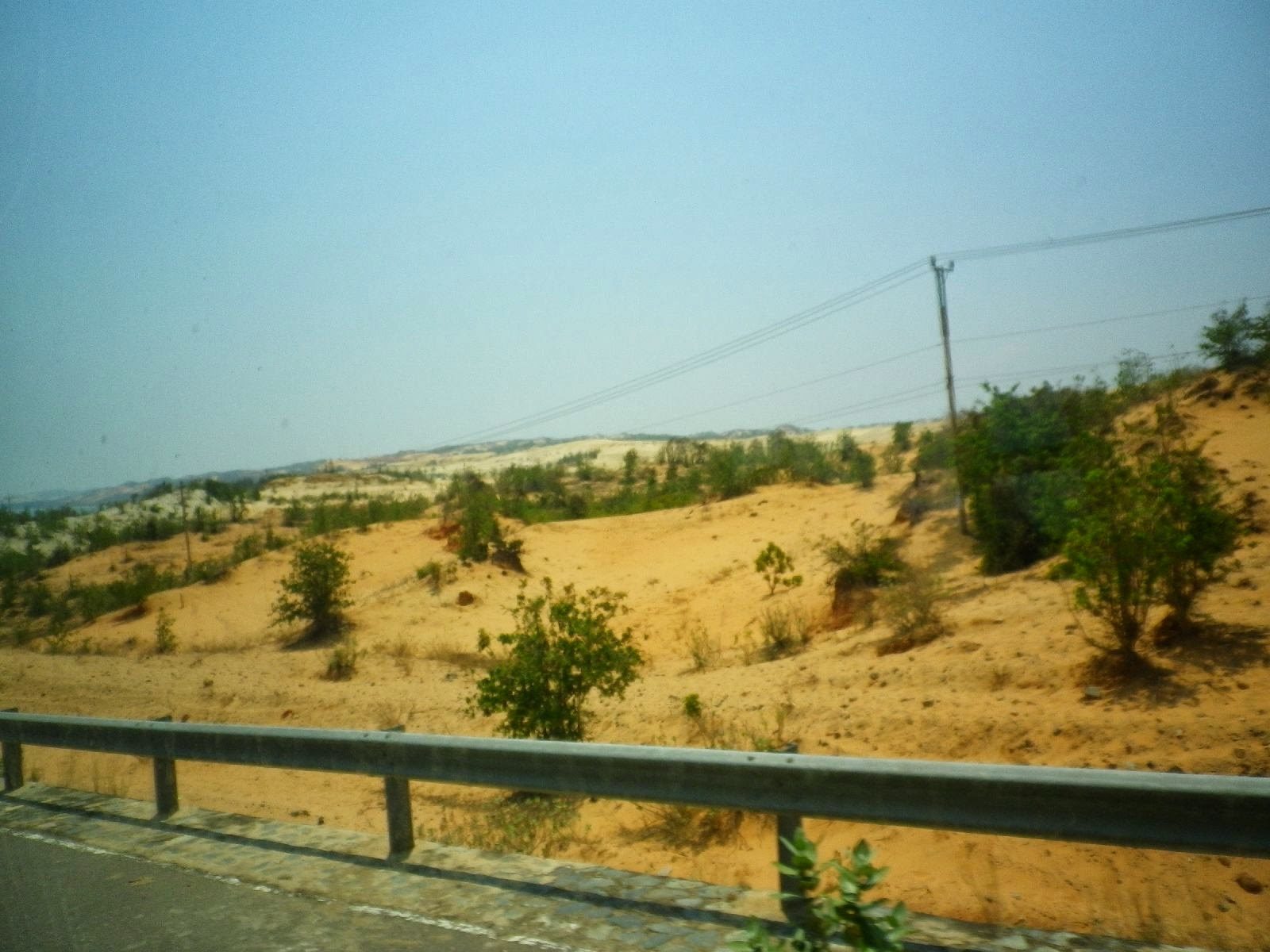 ベトナム南部の道路沿いに広がる砂丘とサバンナ風の乾燥地帯