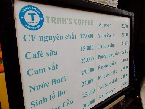 Tran's Coffeeのベトナム語メニューと価格表