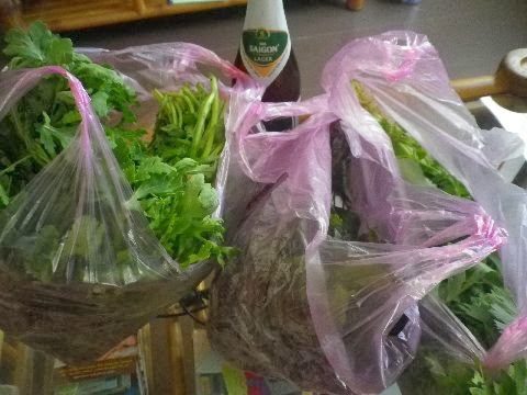 ベトナムの市場で購入した新鮮野菜とサイゴンビール