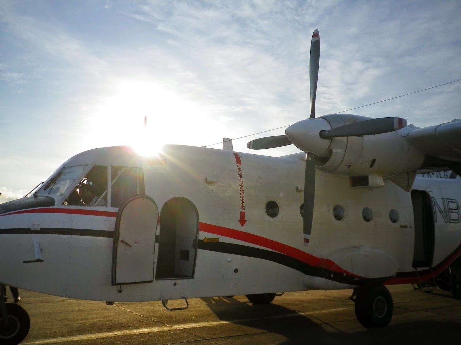 バンダネイラ行き12人乗りプロペラ機のドアと逆光