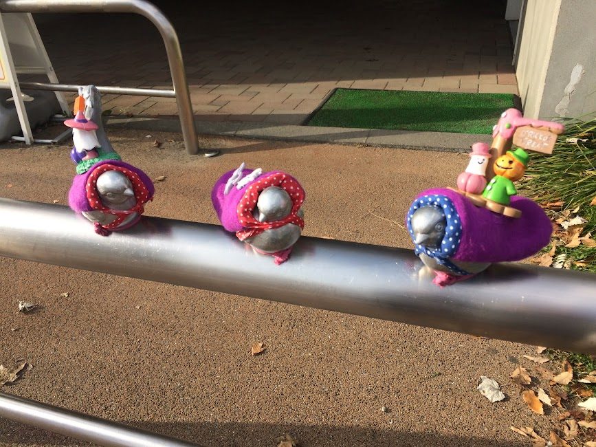 ハロウィン衣装を着た小鳥のオブジェ3体が柵に並ぶ様子