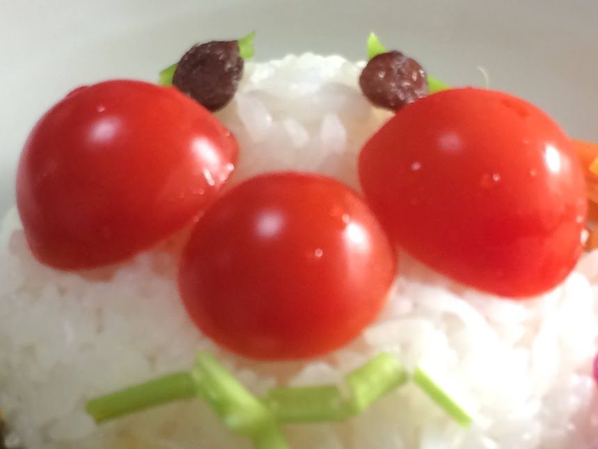 ご飯の上にミニトマトで作ったバイキンマンのキャラ弁