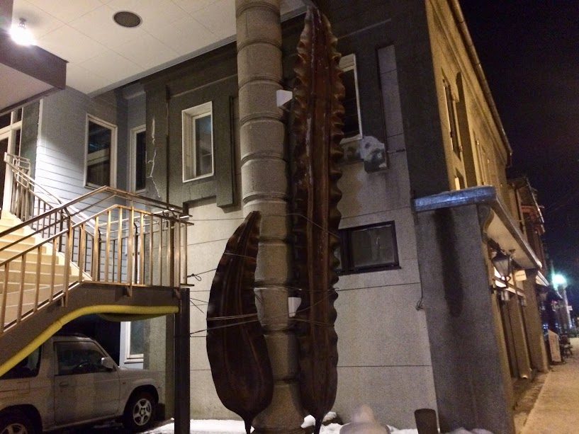 函館の街角に吊るされた巨大な乾燥昆布