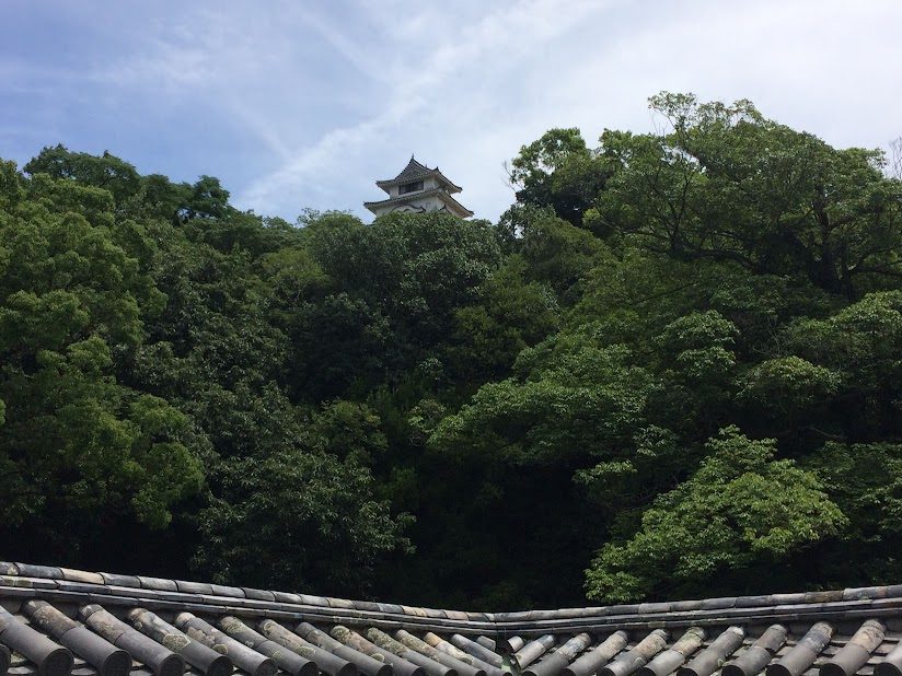 緑の木々の上に望む丸亀城天守閣と瓦屋根